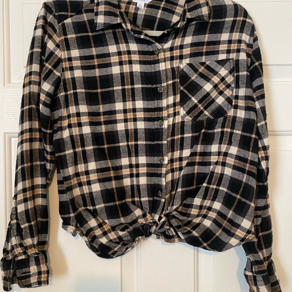 Time and Tru Black and Tan Plaid Top